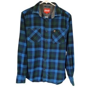 Coleman Plaid Flannel Shirt Button Up Long‎ Sleeves Blue Green Mens Size Medium